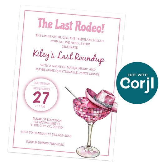 Printable last rodeo bachelorette invitation with pink margarita and cowgirl hat design, editable western party invite template