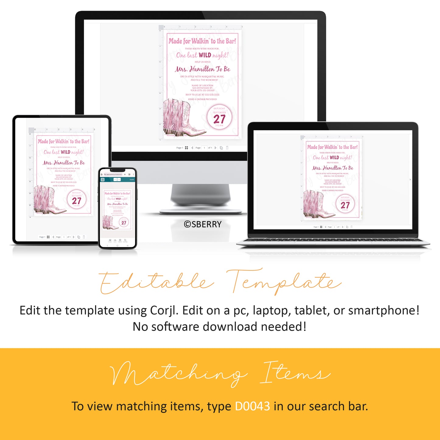 Editable last rodeo bachelorette invitation template with pink cowgirl boots design displayed on desktop, tablet and smartphone, Corjl instant download