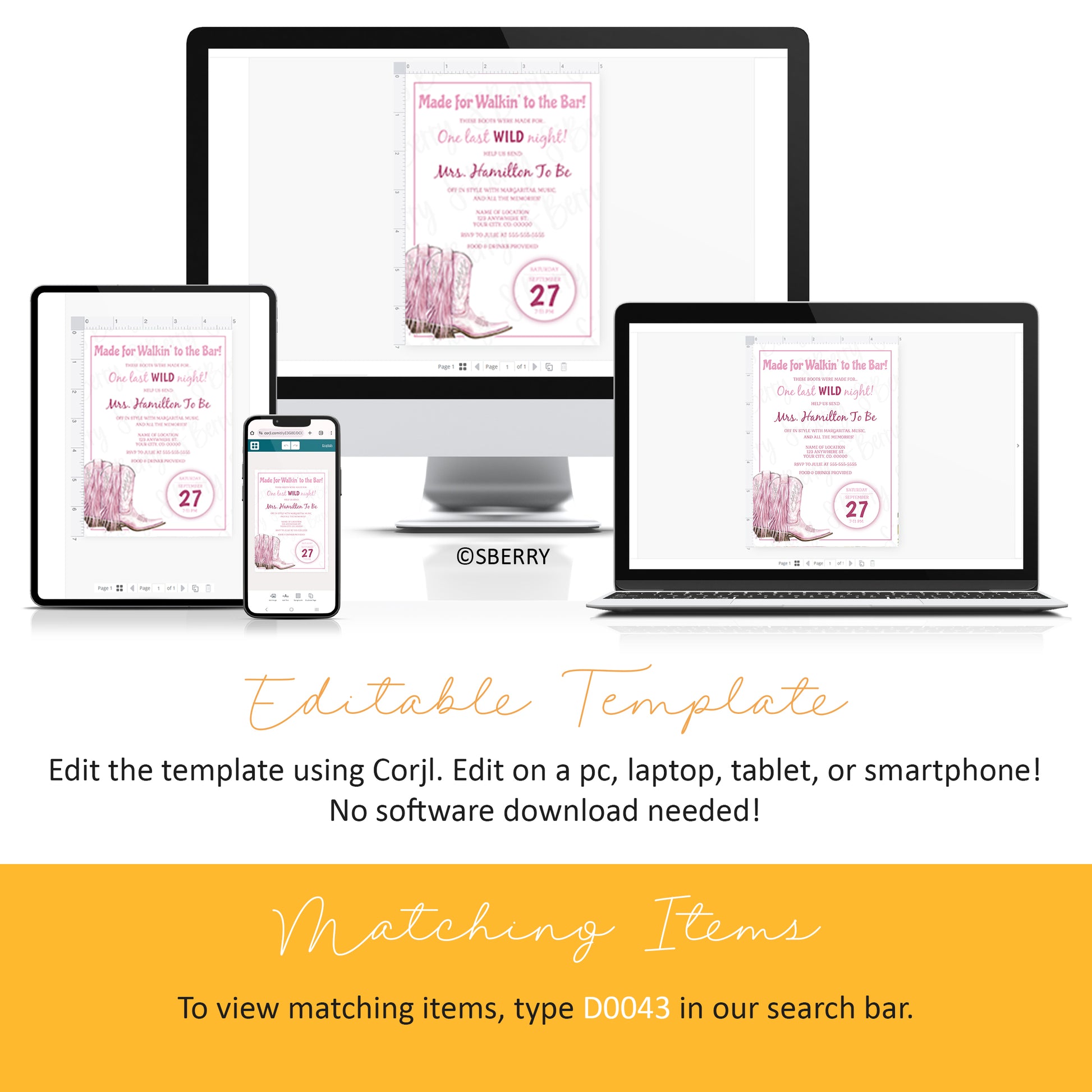 Editable last rodeo bachelorette invitation template with pink cowgirl boots design displayed on desktop, tablet and smartphone, Corjl instant download