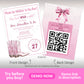 Last rodeo bachelorette invitation with pink fringe cowgirl boots and matching QR code back design, editable western bachelorette invite template