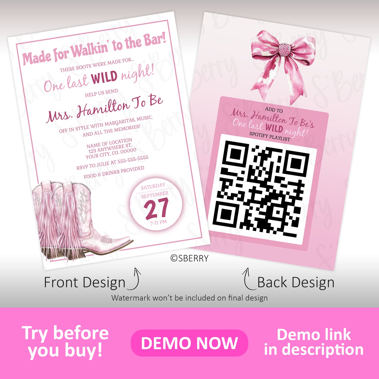 Last rodeo bachelorette invitation with pink fringe cowgirl boots and matching QR code back design, editable western bachelorette invite template