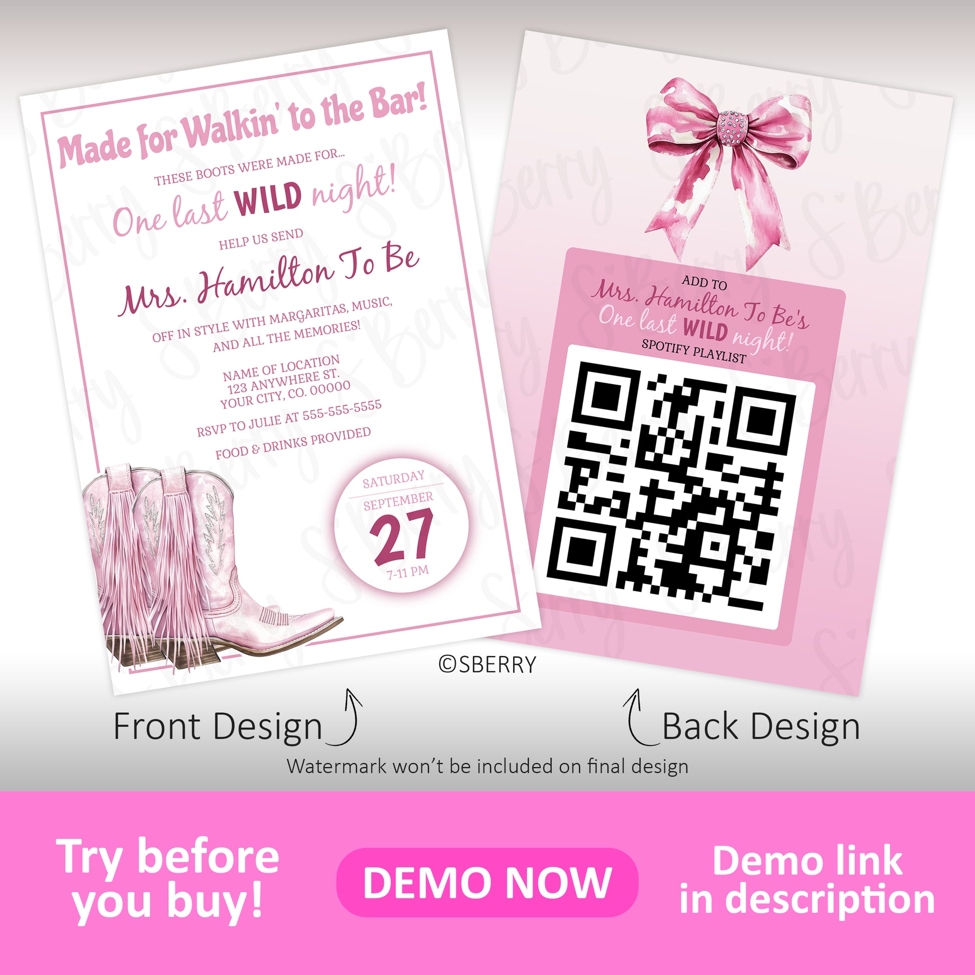Last rodeo bachelorette invitation with pink fringe cowgirl boots and matching QR code back design, editable western bachelorette invite template