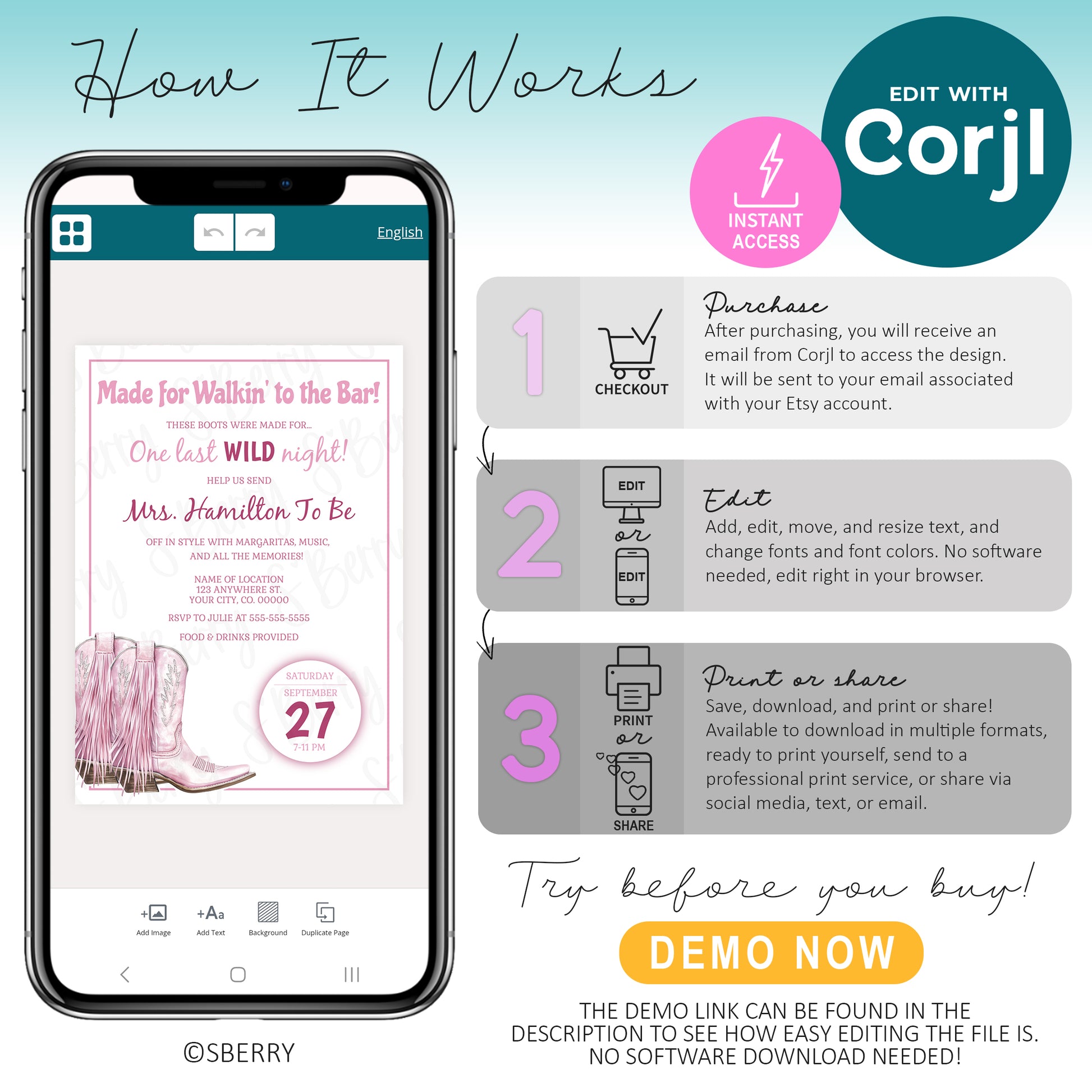 How to edit pink cowgirl bachelorette invitation template in Corjl on mobile device, last rodeo party invite instant download