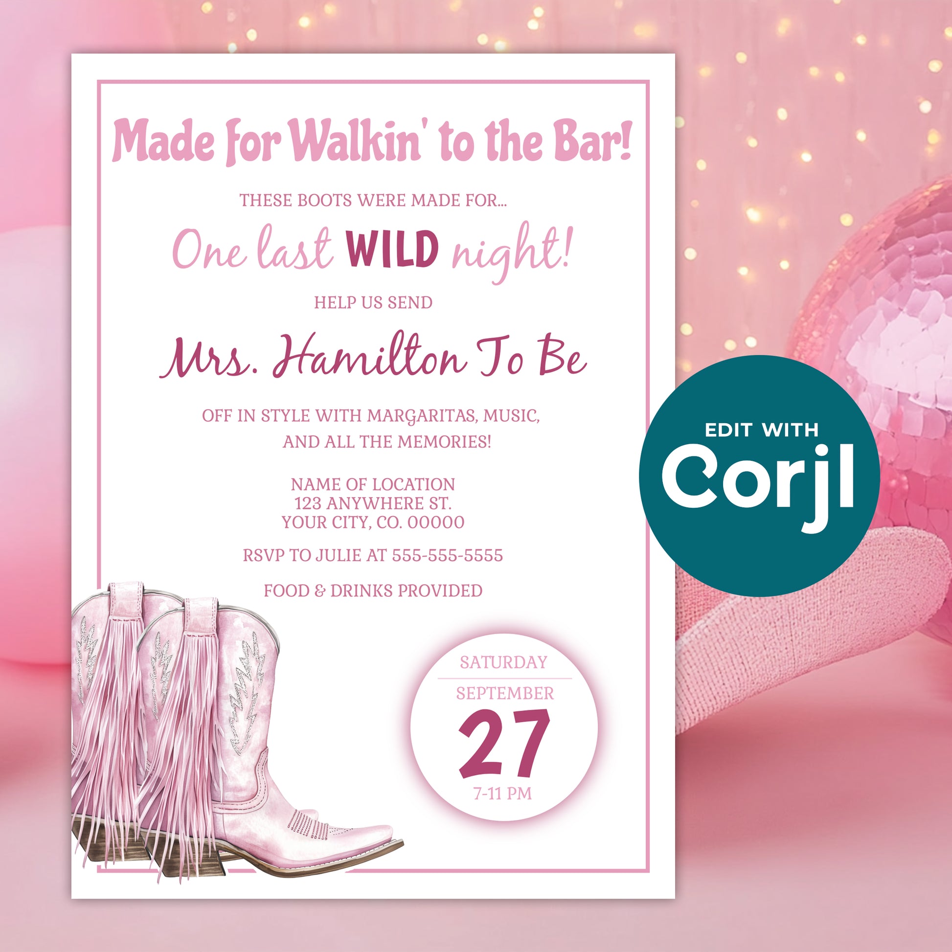 Last rodeo bachelorette invitation with pink cowgirl boots styled with party decor, editable western bridal party invitation template
