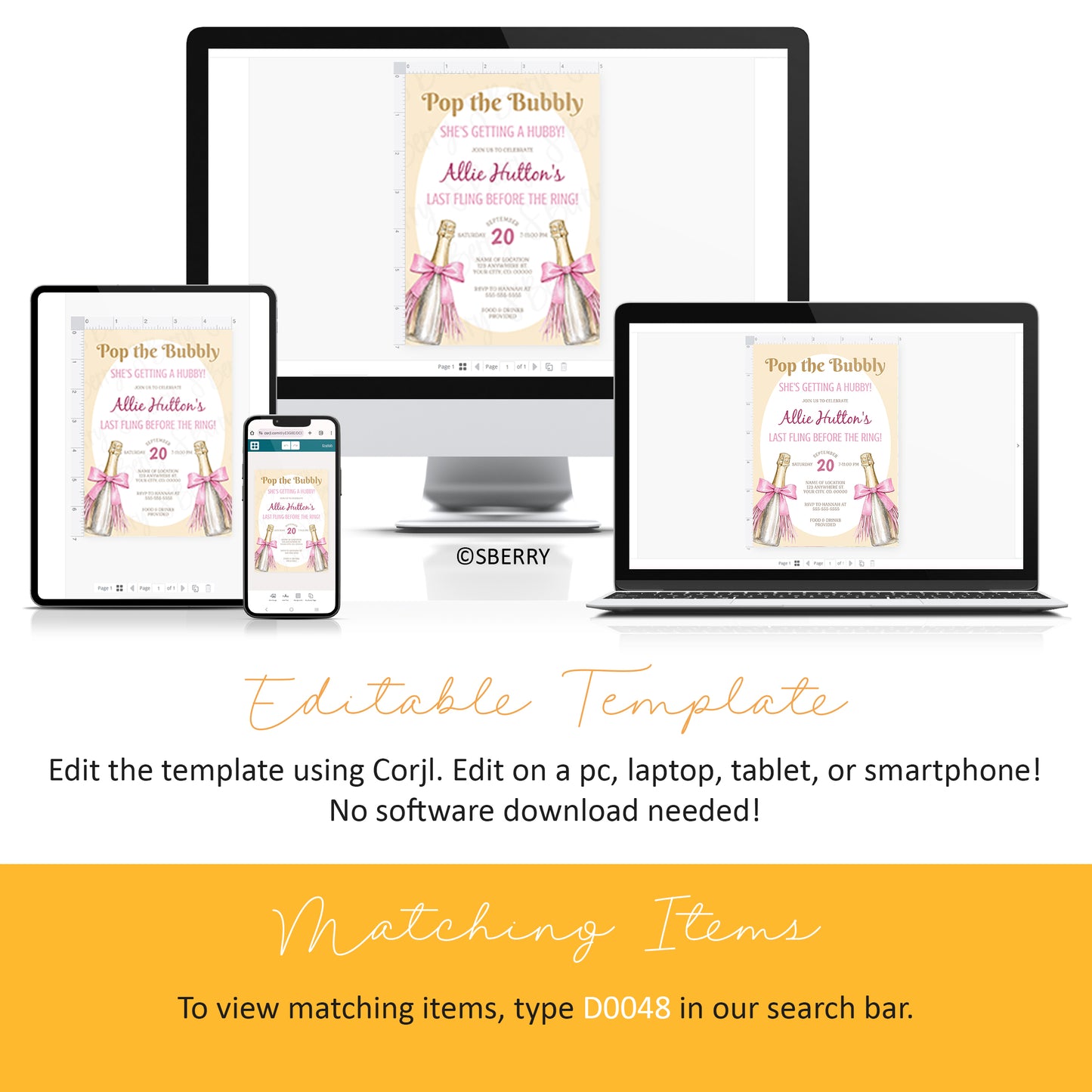 Editable pop the bubbly bachelorette invitation template with champagne bottles and pink bows displayed on desktop tablet and smartphone, Corjl instant download