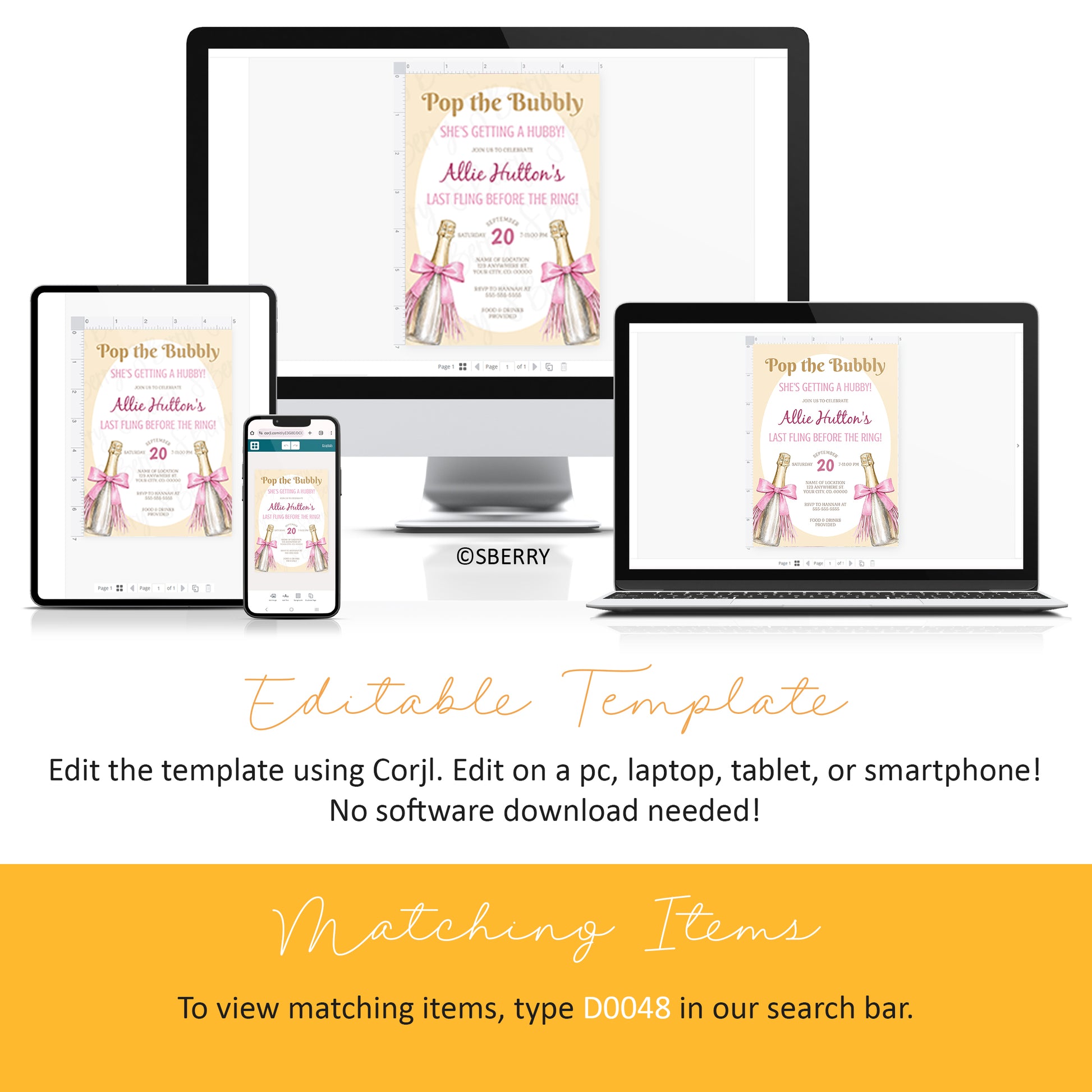 Editable pop the bubbly bachelorette invitation template with champagne bottles and pink bows displayed on desktop tablet and smartphone, Corjl instant download