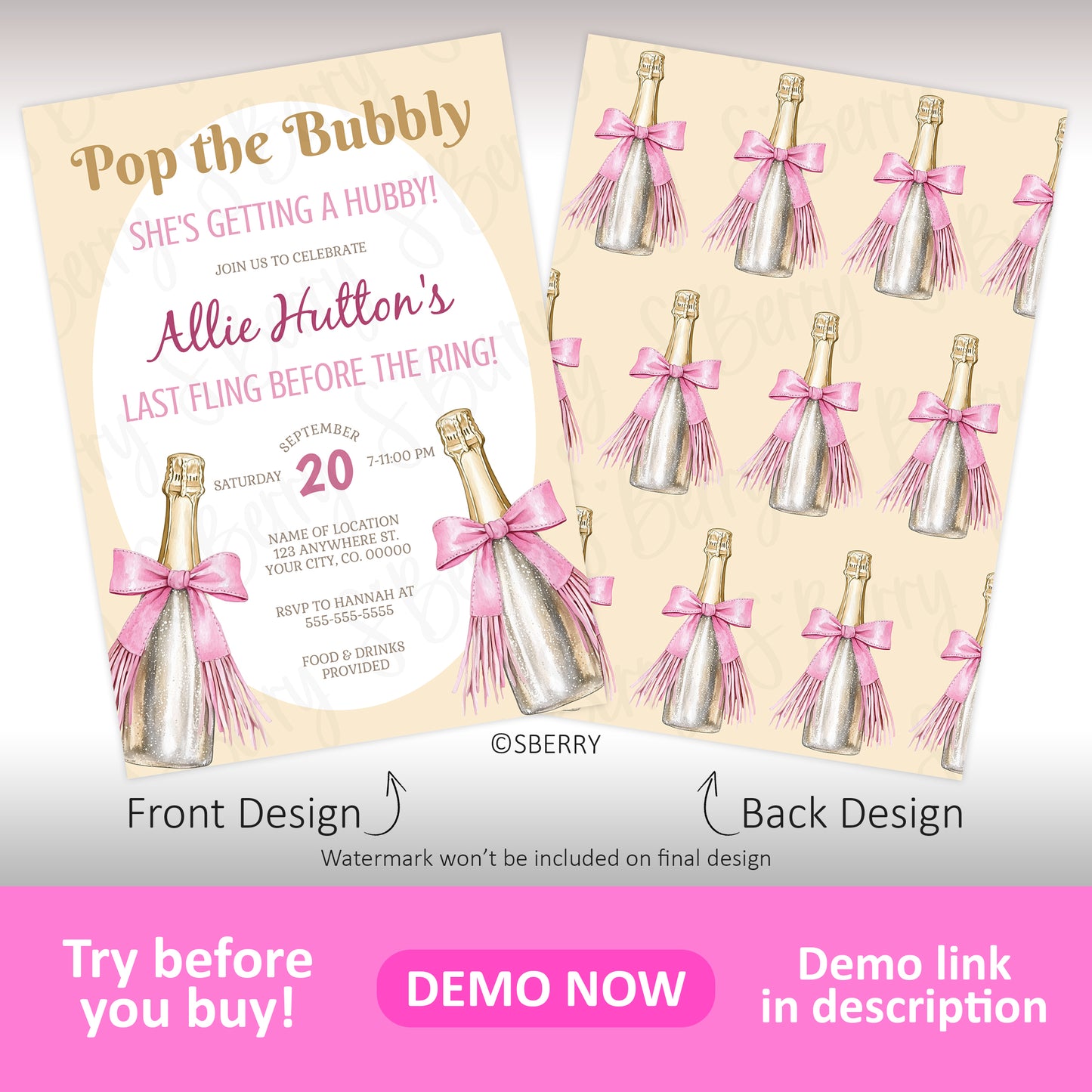 Pop the bubbly bachelorette invitation with champagne bottle design and matching patterned back, editable bridal party invite template