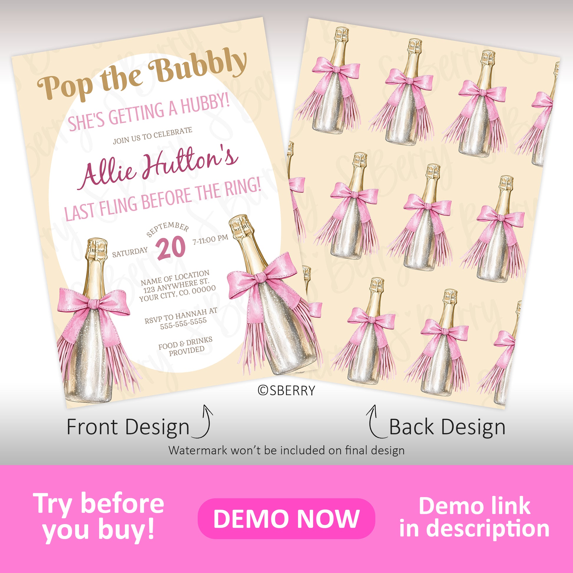 Pop the bubbly bachelorette invitation with champagne bottle design and matching patterned back, editable bridal party invite template