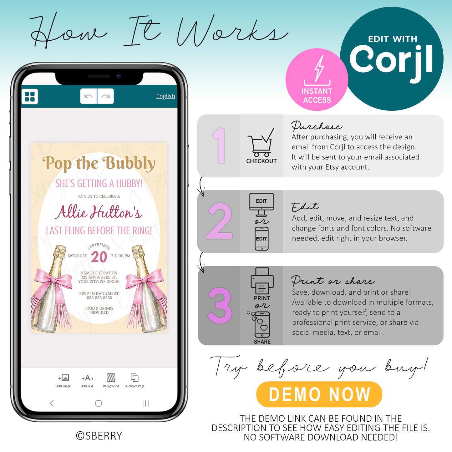How to edit champagne bachelorette invitation template using Corjl on mobile device, instant download bridal invite