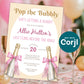 Pop the bubbly bachelorette invitation with champagne bottles styled with party decor, editable bridal shower or bachelorette invite template