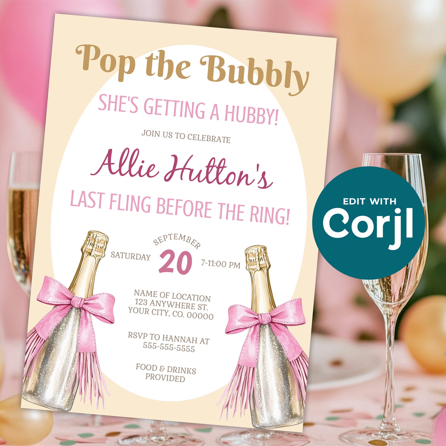 Pop the bubbly bachelorette invitation with champagne bottles styled with party decor, editable bridal shower or bachelorette invite template
