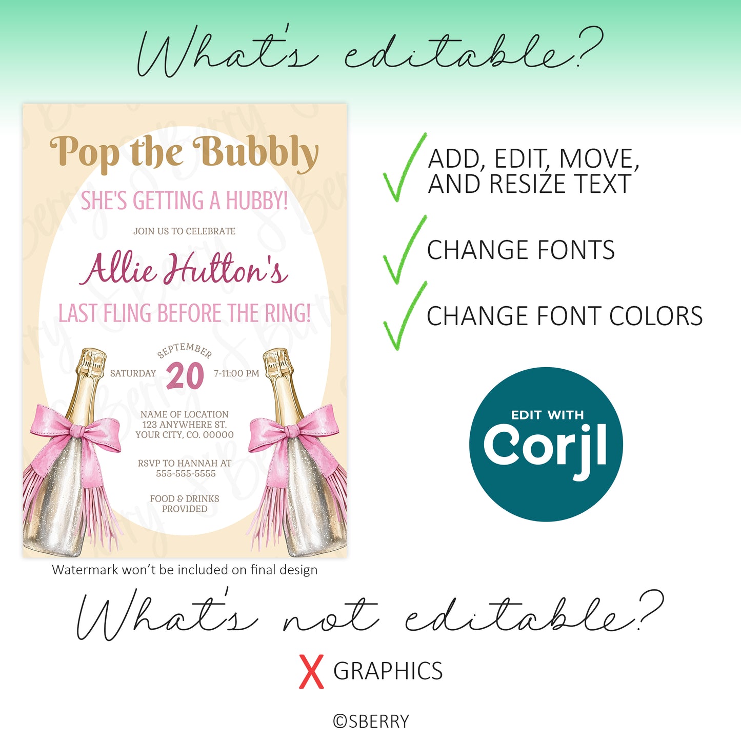 Editable champagne bachelorette invitation template showing text editing font changes and color customization in Corjl