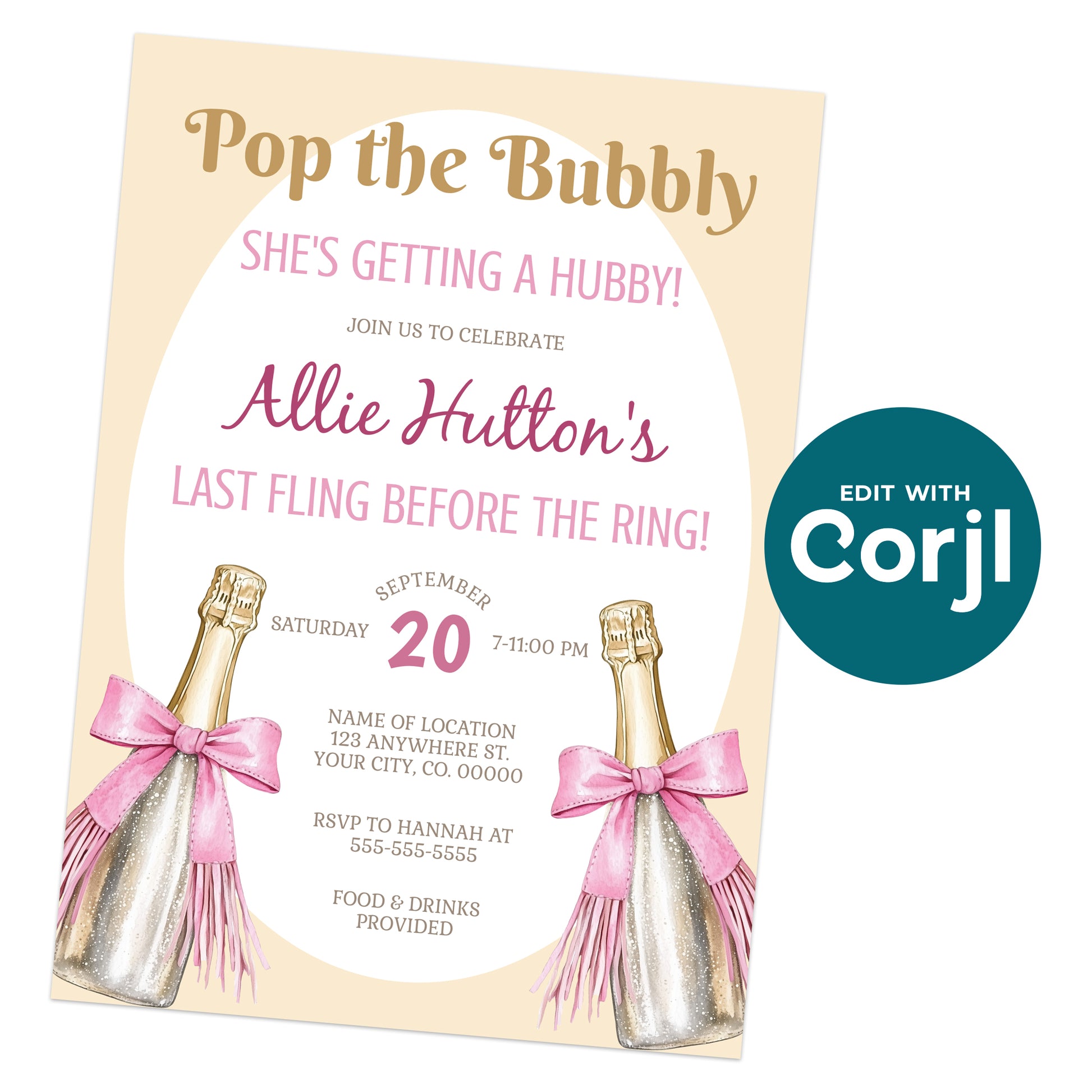 Printable pop the bubbly bachelorette invitation with champagne bottle illustration and pink bow, editable bridal invite template