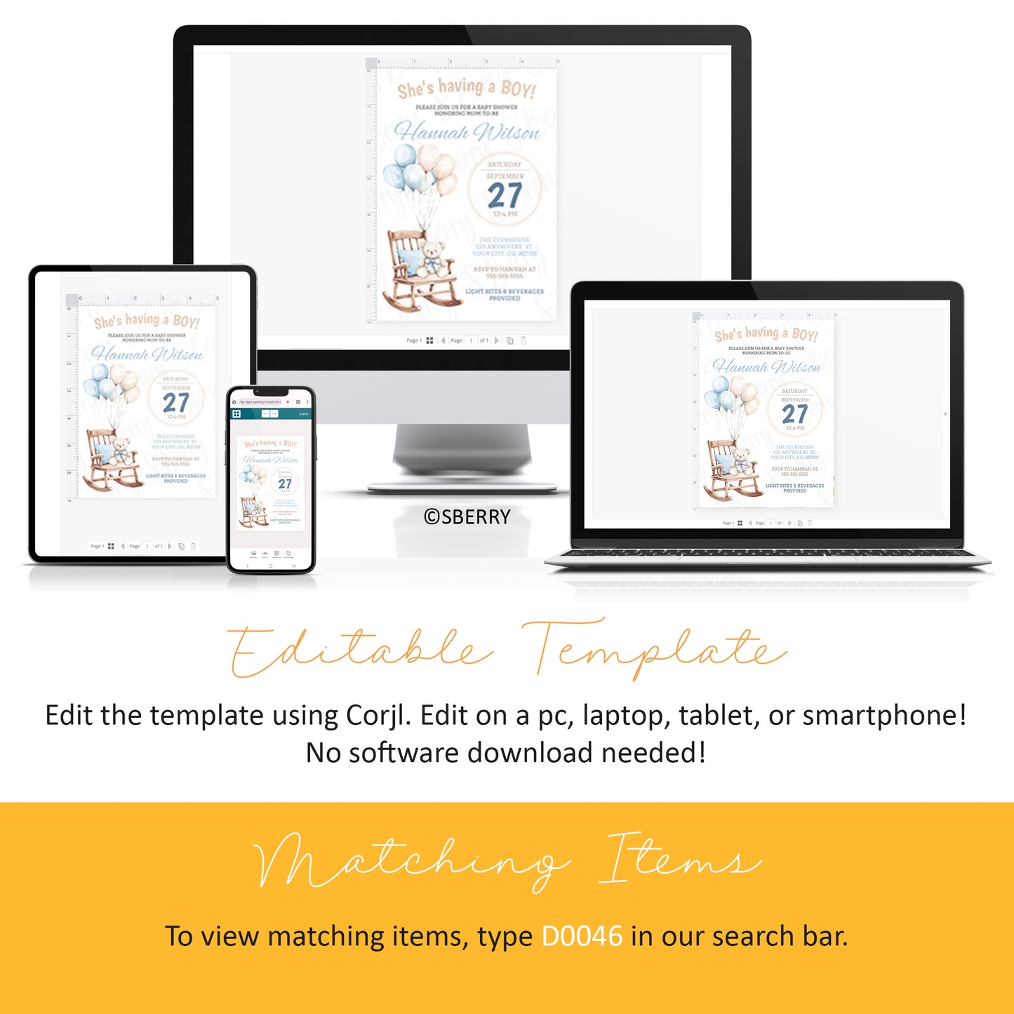 Editable baby shower invitation template for boy with teddy bear rocking chair and balloon design shown on desktop tablet and smartphone, Corjl instant download