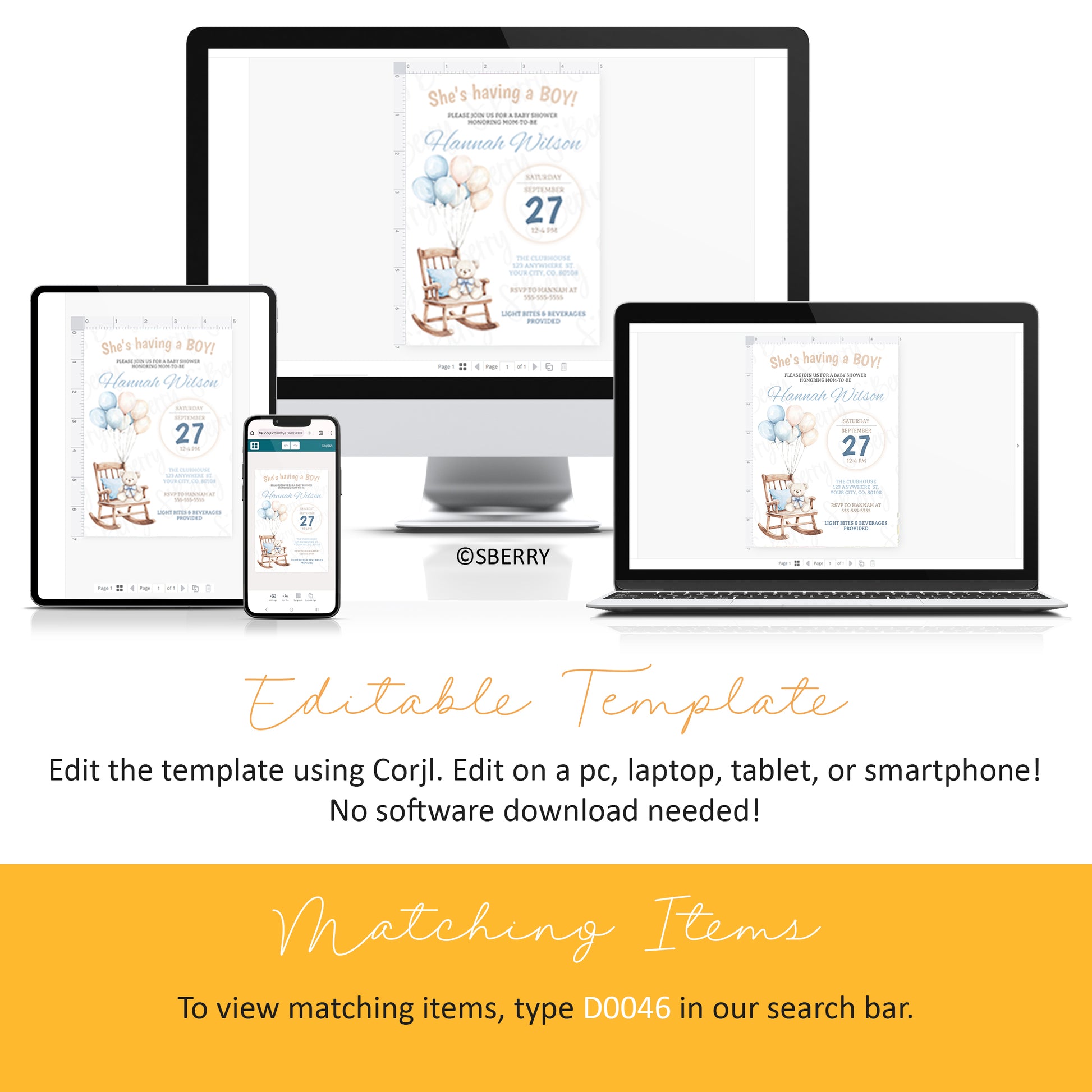 Editable baby shower invitation template for boy with teddy bear rocking chair and balloon design shown on desktop tablet and smartphone, Corjl instant download