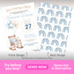 Baby boy shower invitation with teddy bear rocking chair and balloon design with matching blue rainbow patterned back, editable template