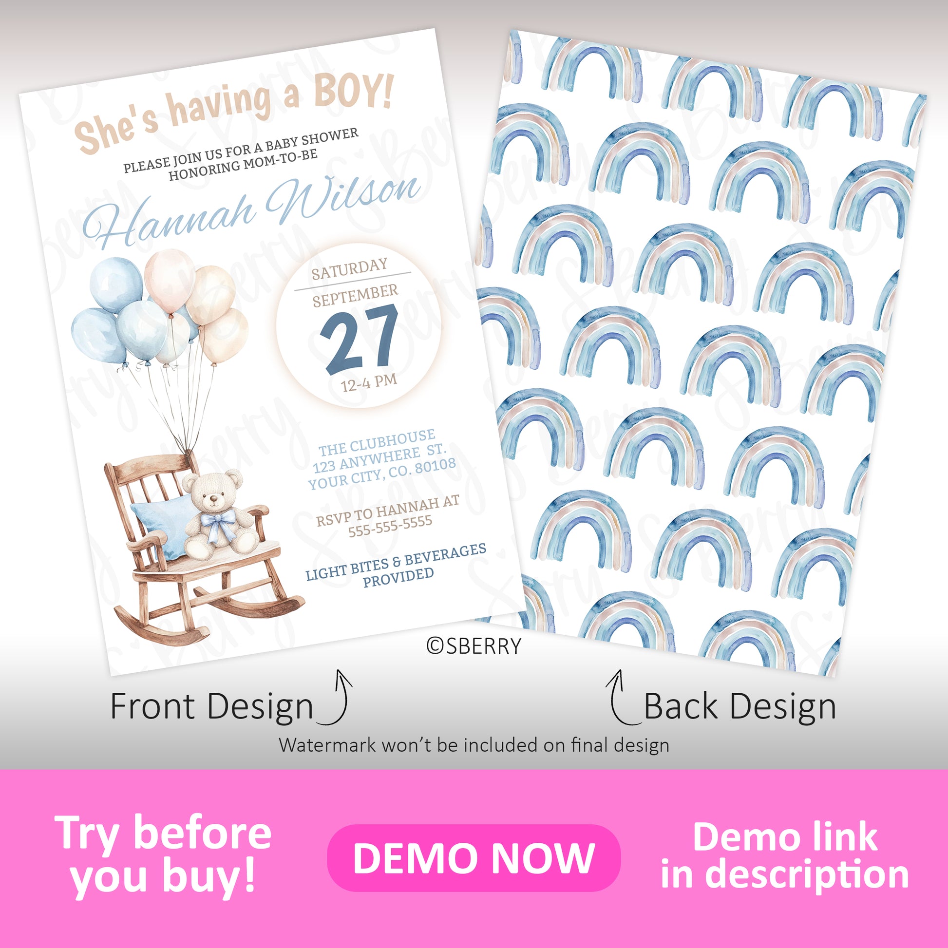 Baby boy shower invitation with teddy bear rocking chair and balloon design with matching blue rainbow patterned back, editable template