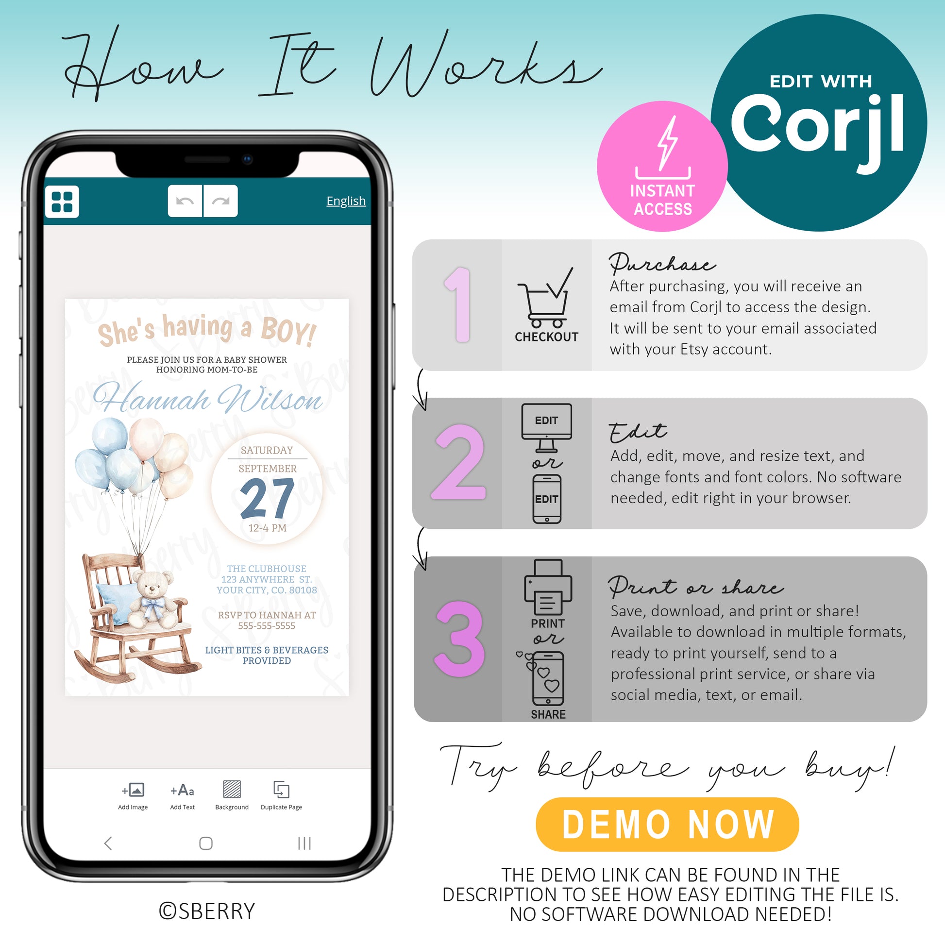 How to edit baby shower invitation template for boy using Corjl on mobile device, instant download printable invite