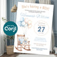 Baby boy shower invitation with teddy bear rocking chair and balloons displayed in nursery setting, editable baby shower invite template