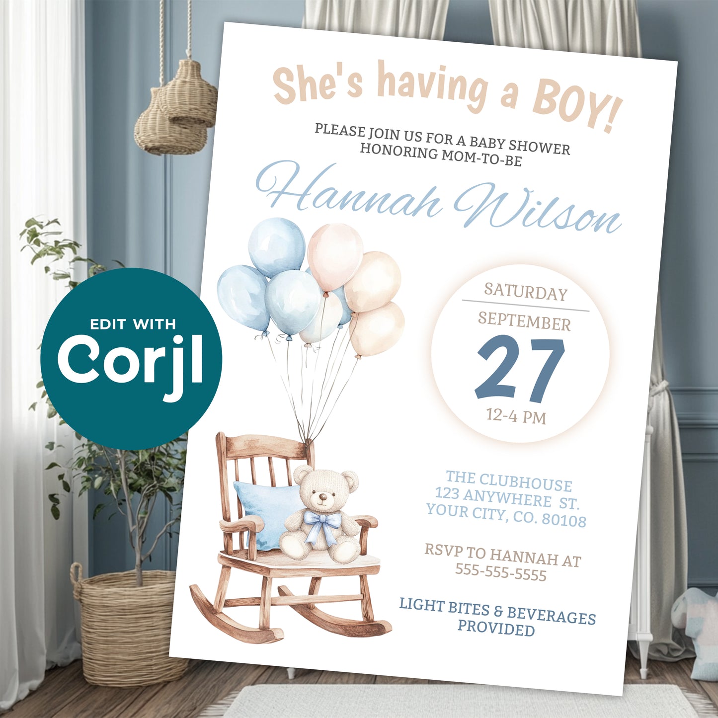 Baby boy shower invitation with teddy bear rocking chair and balloons displayed in nursery setting, editable baby shower invite template