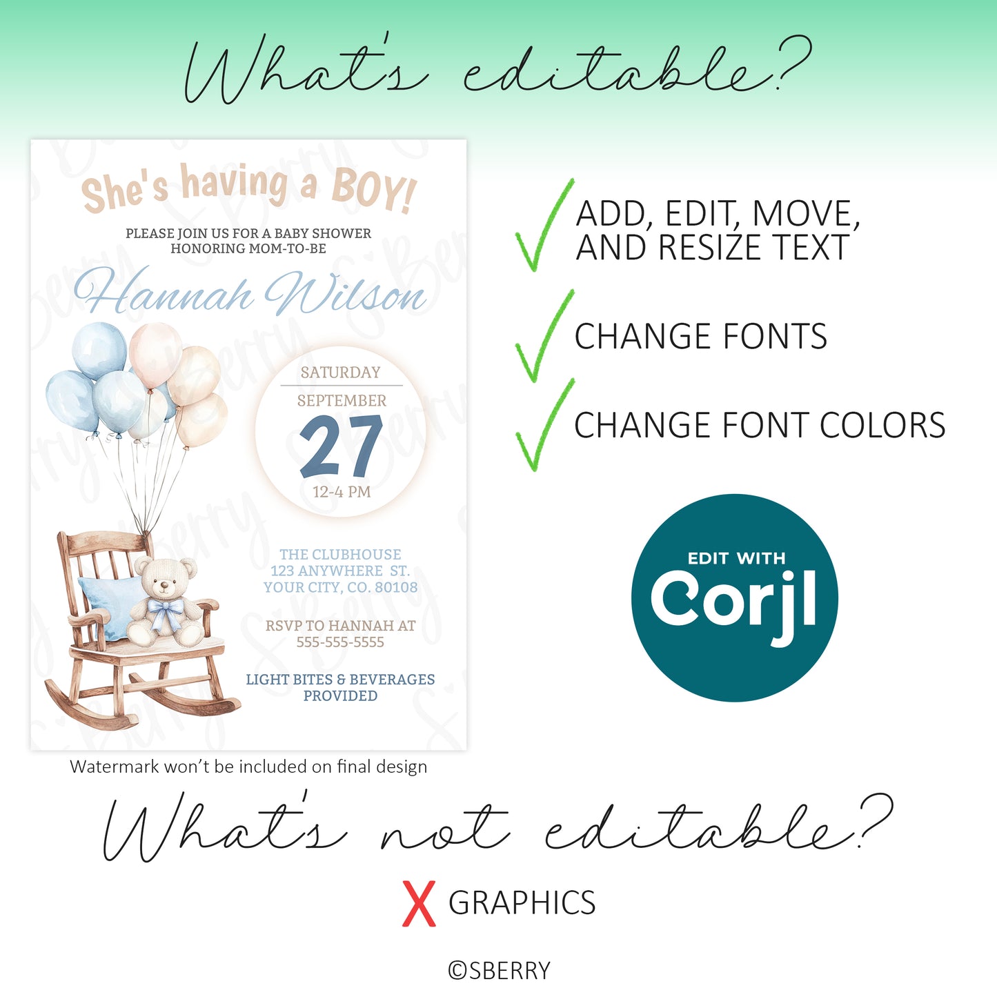 Editable baby shower invitation template showing text customization font changes and color editing in Corjl