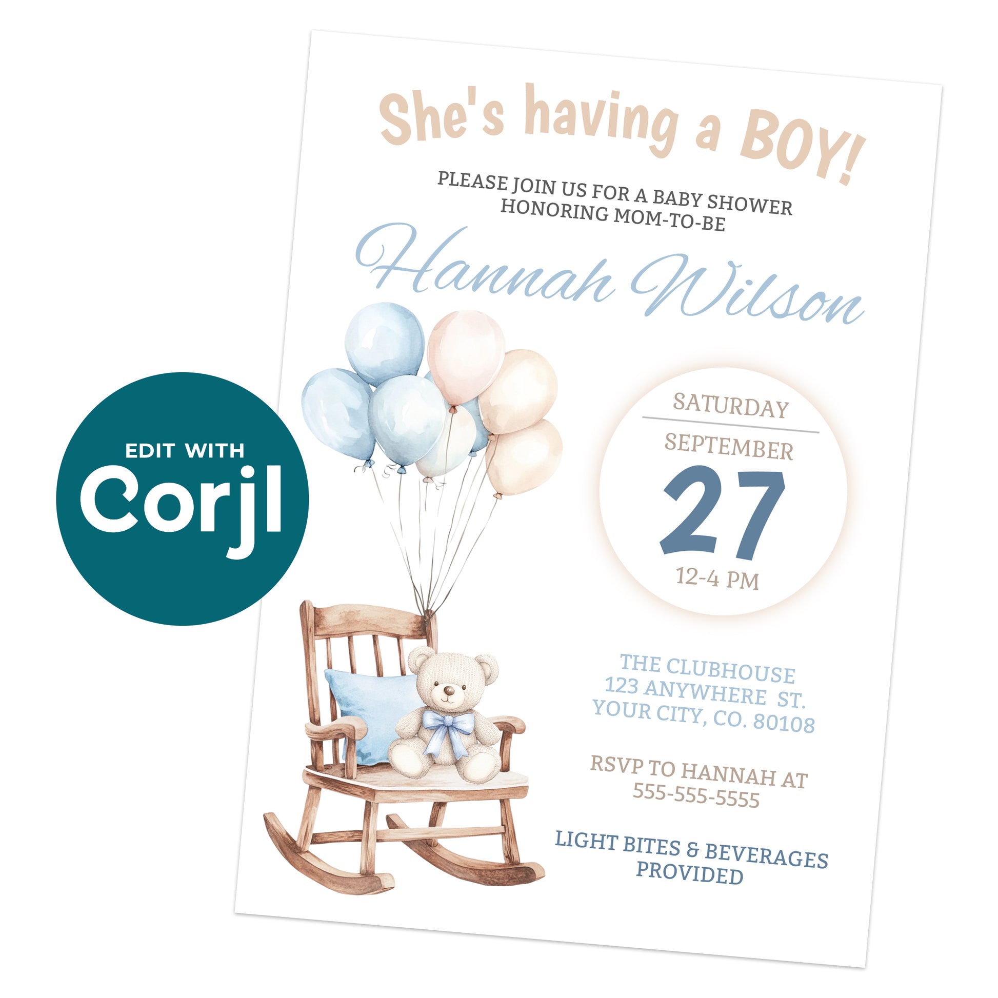 Printable baby boy shower invitation with teddy bear rocking chair and balloon illustration, editable Corjl template