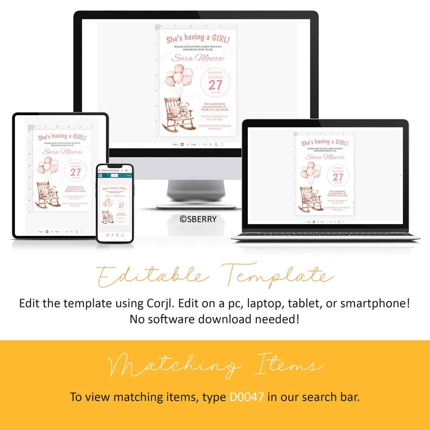 Editable baby girl shower invitation template with teddy bear rocking chair and blush balloon design shown on desktop tablet and smartphone, Corjl instant download