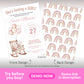 Baby girl shower invitation with teddy bear rocking chair and blush balloon design with matching pink rainbow patterned back, editable template