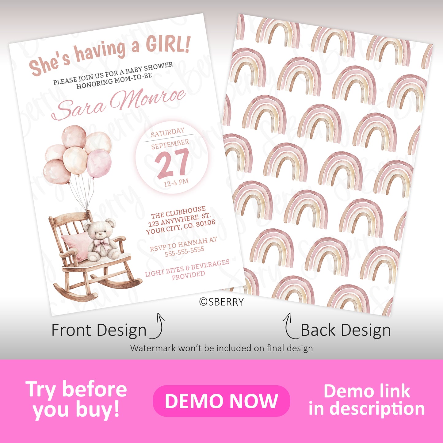 Baby girl shower invitation with teddy bear rocking chair and blush balloon design with matching pink rainbow patterned back, editable template