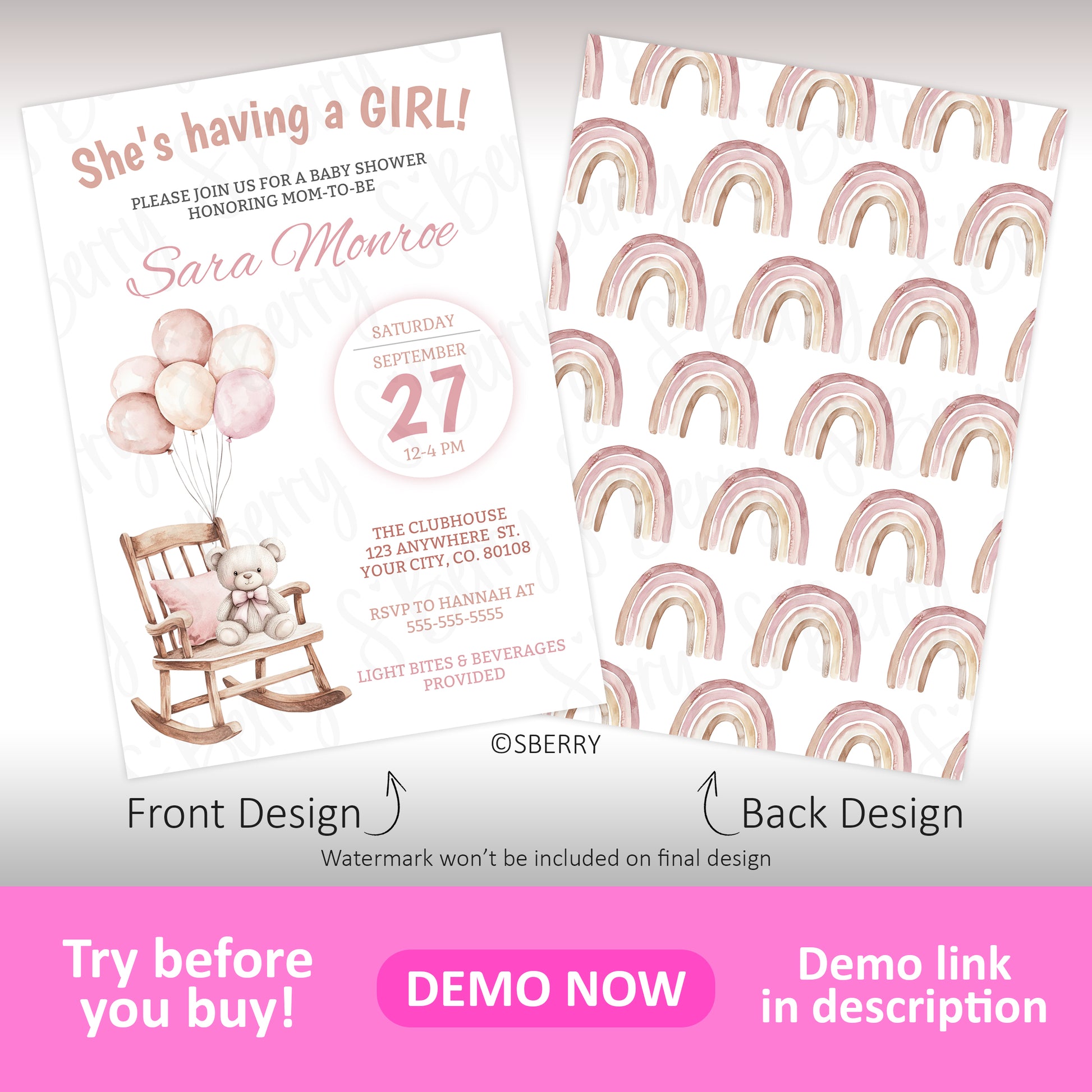 Baby girl shower invitation with teddy bear rocking chair and blush balloon design with matching pink rainbow patterned back, editable template