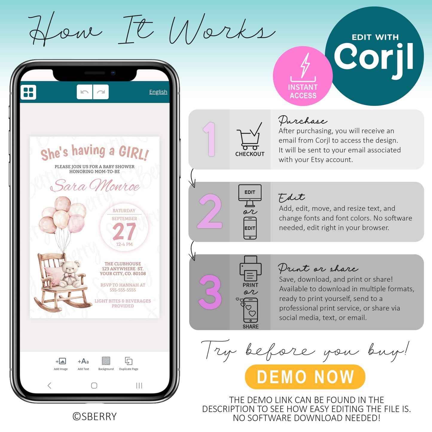 How to edit baby girl shower invitation template using Corjl on mobile device, instant download printable invite