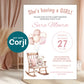 Baby girl shower invitation with teddy bear rocking chair and blush balloons displayed in nursery setting, editable baby shower invite template