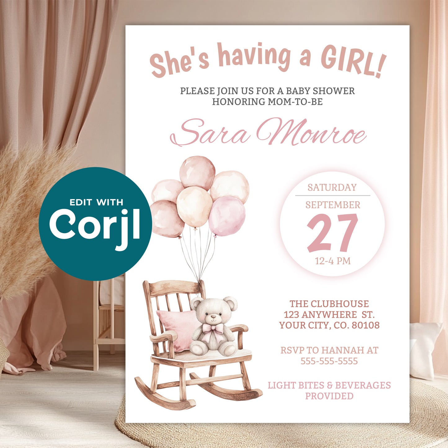 Baby girl shower invitation with teddy bear rocking chair and blush balloons displayed in nursery setting, editable baby shower invite template