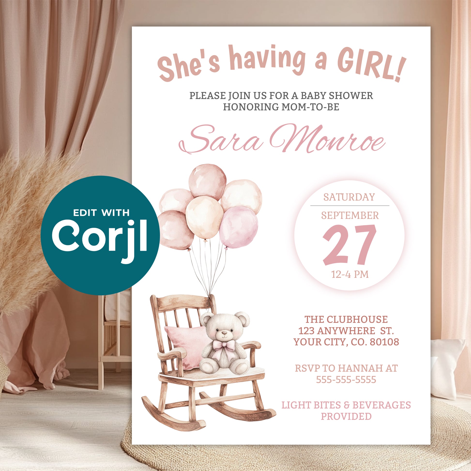 Baby girl shower invitation with teddy bear rocking chair and blush balloons displayed in nursery setting, editable baby shower invite template