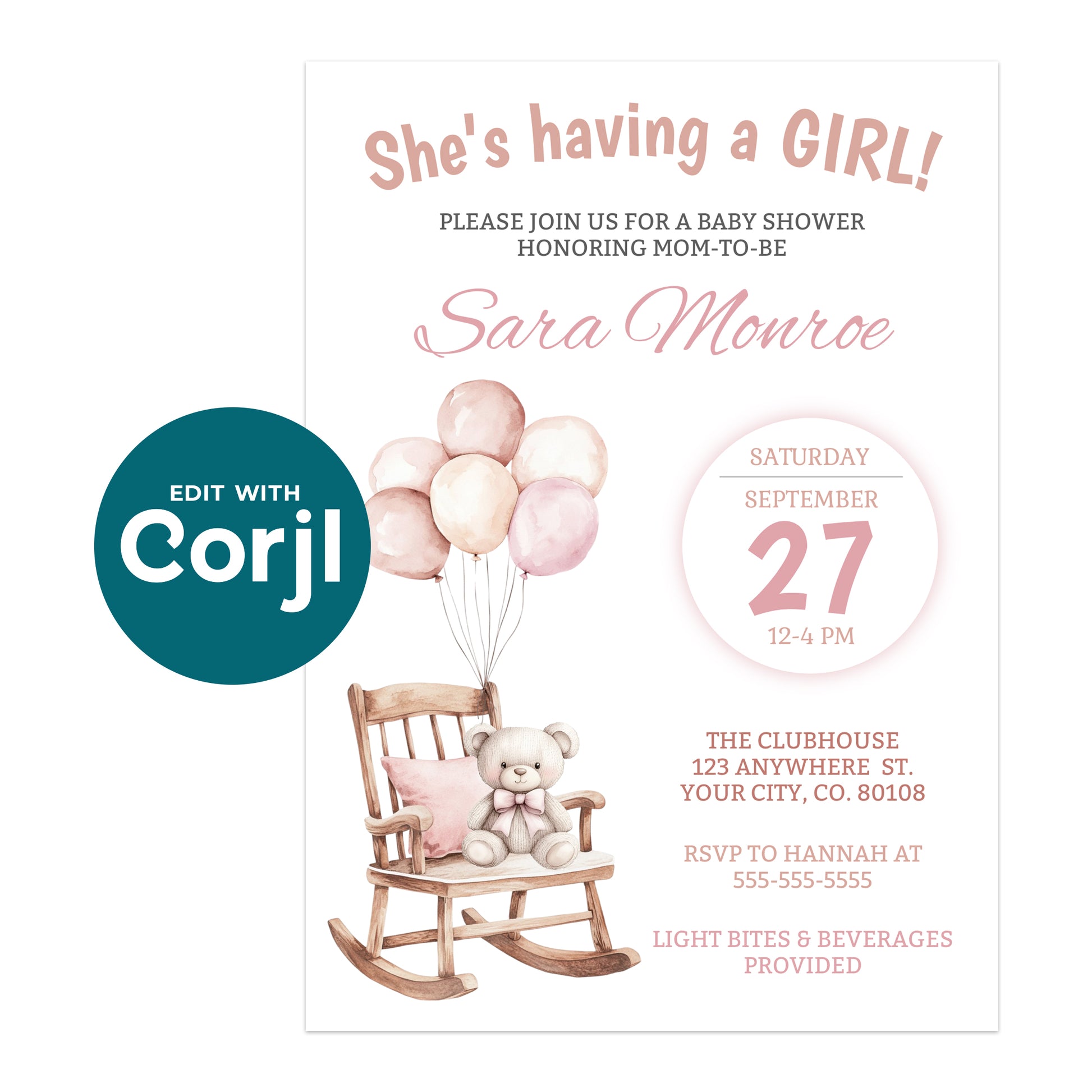 Printable baby girl shower invitation with teddy bear rocking chair and blush balloon illustration, editable Corjl template
