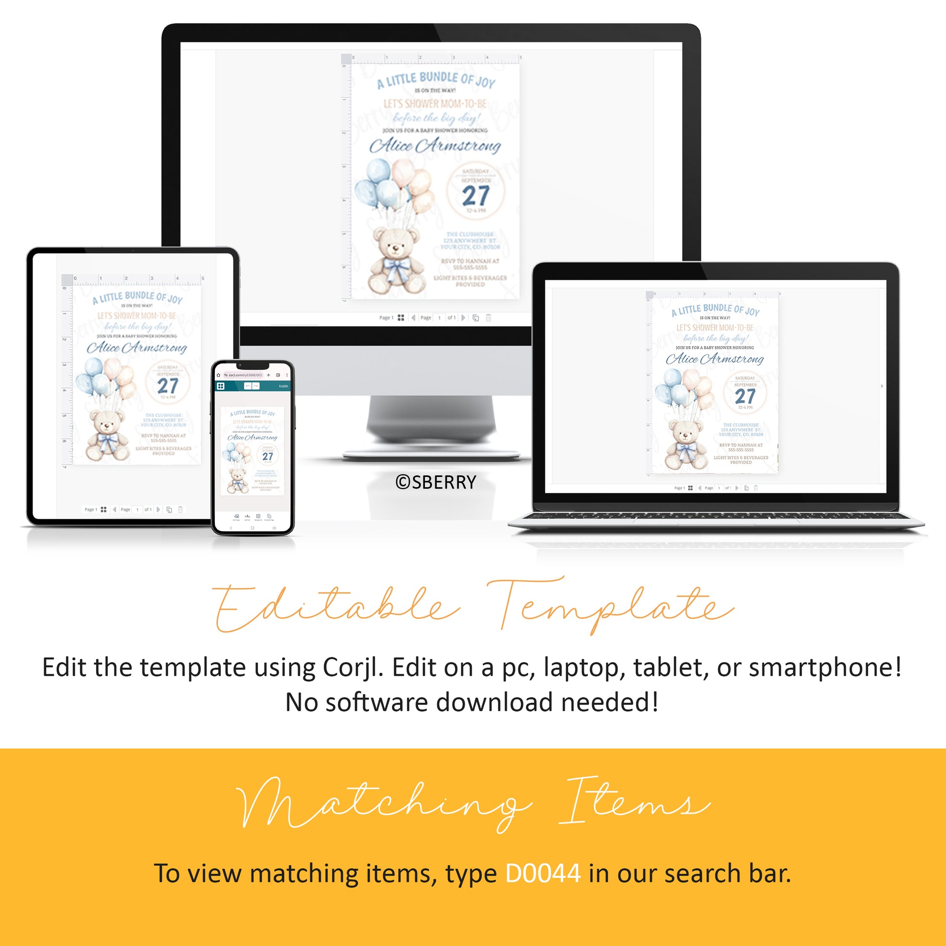 Editable baby shower invitation template displayed on a desktop, laptop, tablet, and smartphone. Instructions and matching items search information are shown below the devices.