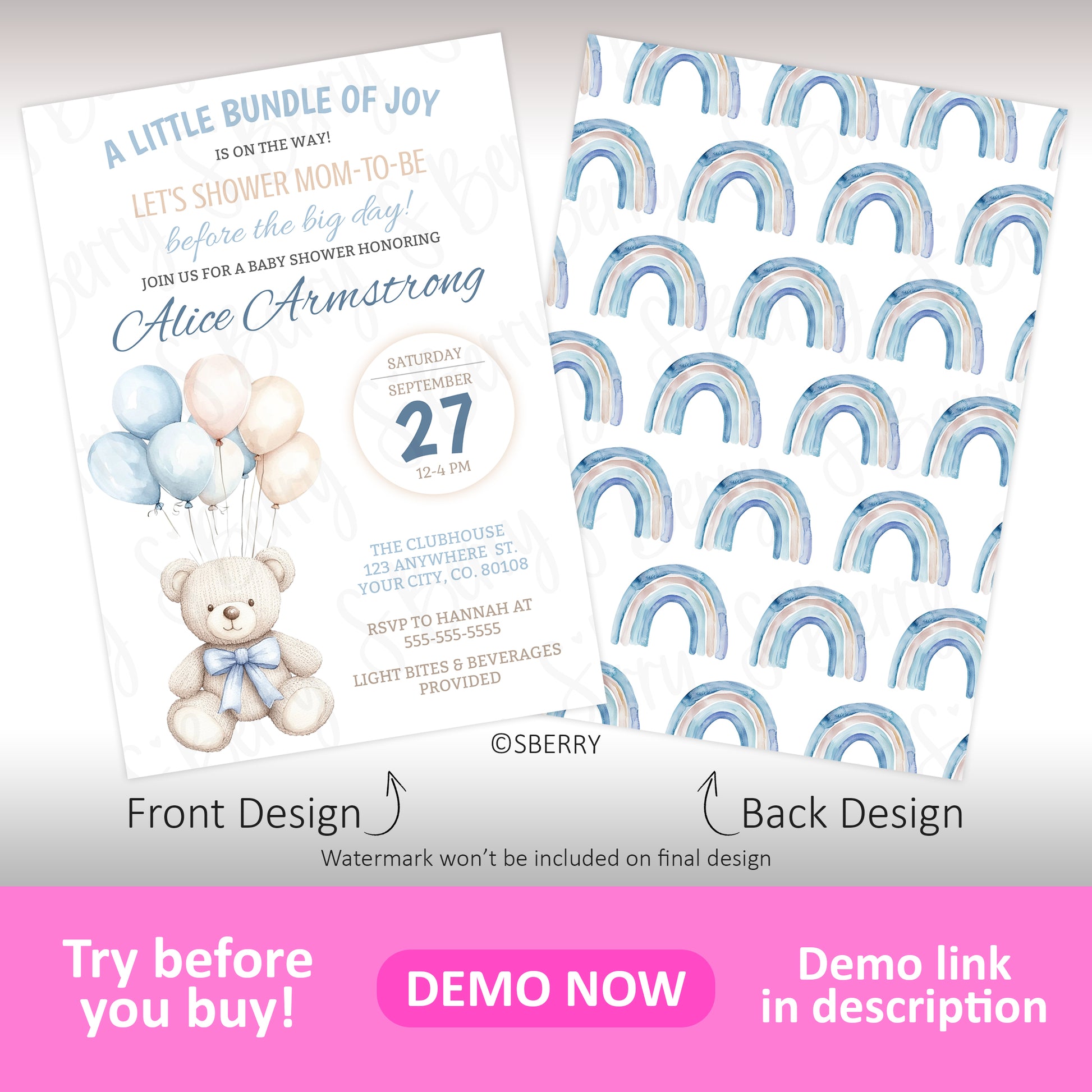 Baby shower invitation with a teddy bear holding blue balloons on the front and a pattern of blue rainbows on the back, along with event details and a note about a demo link.