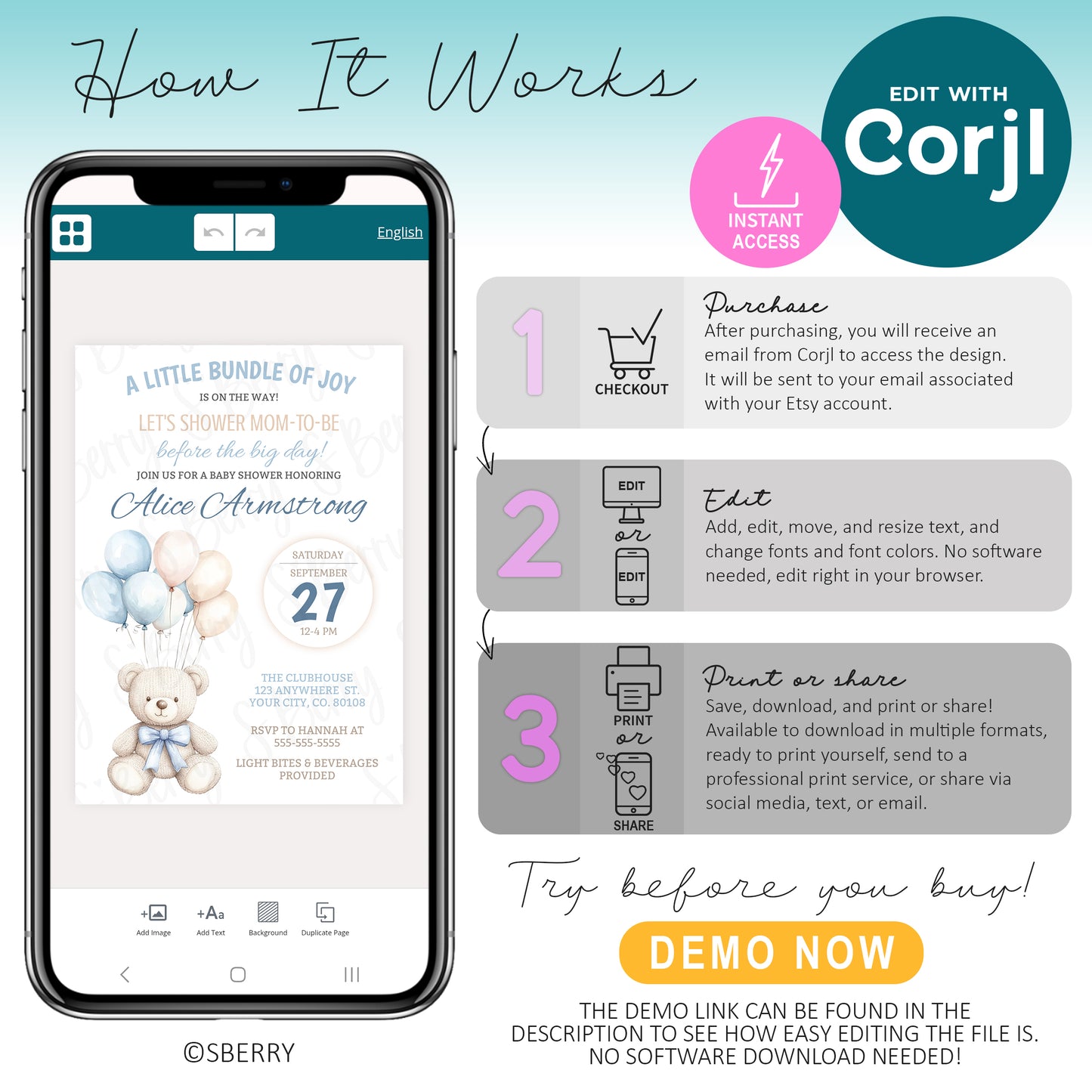 Instructional graphic explaining how to edit a baby shower invitation template using Corjl, with steps for purchasing, editing, and printing or sharing the design.