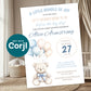 Neutral baby shower invitation with teddy bear and pastel balloon design displayed in nursery setting, editable invitation template