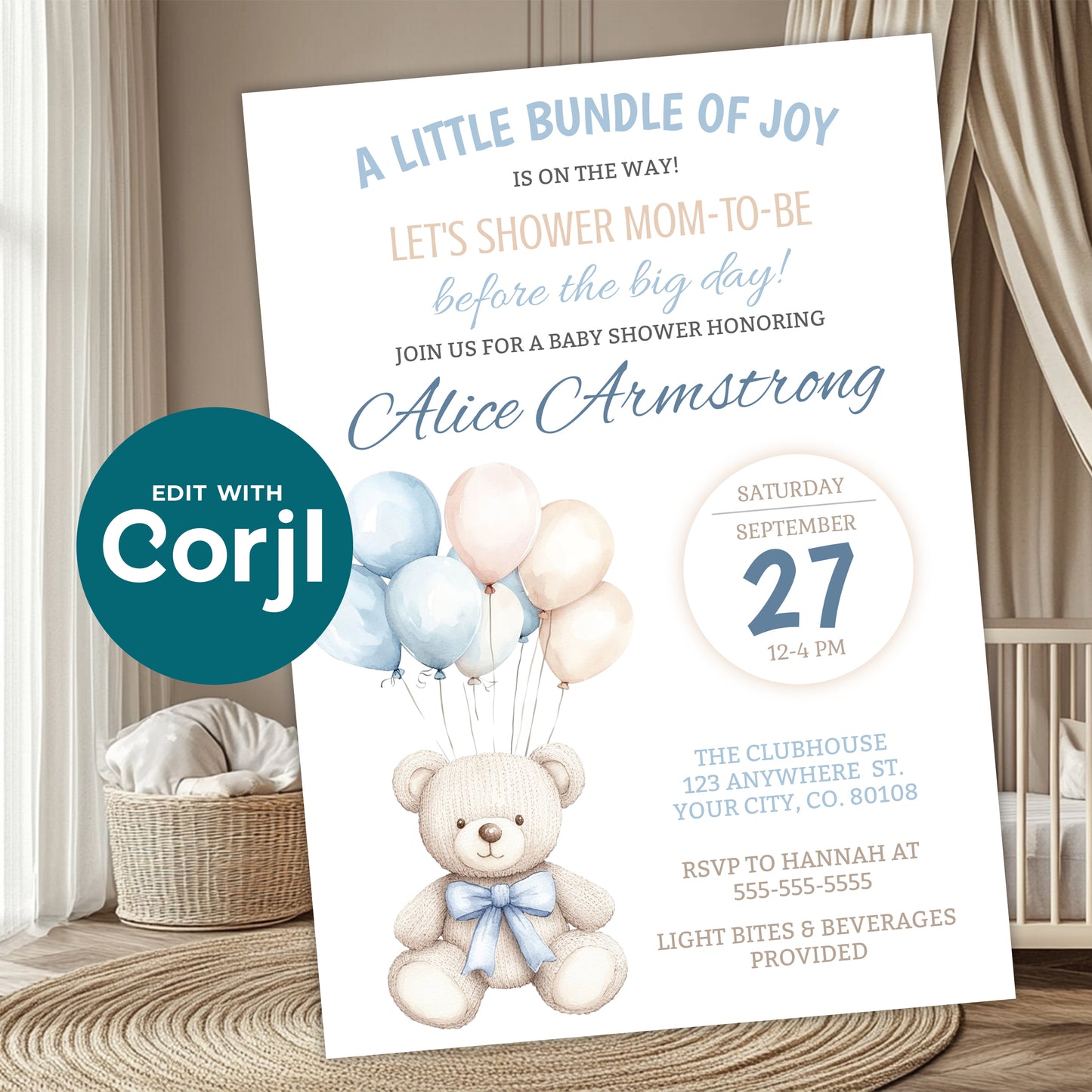 Neutral baby shower invitation with teddy bear and pastel balloon design displayed in nursery setting, editable invitation template