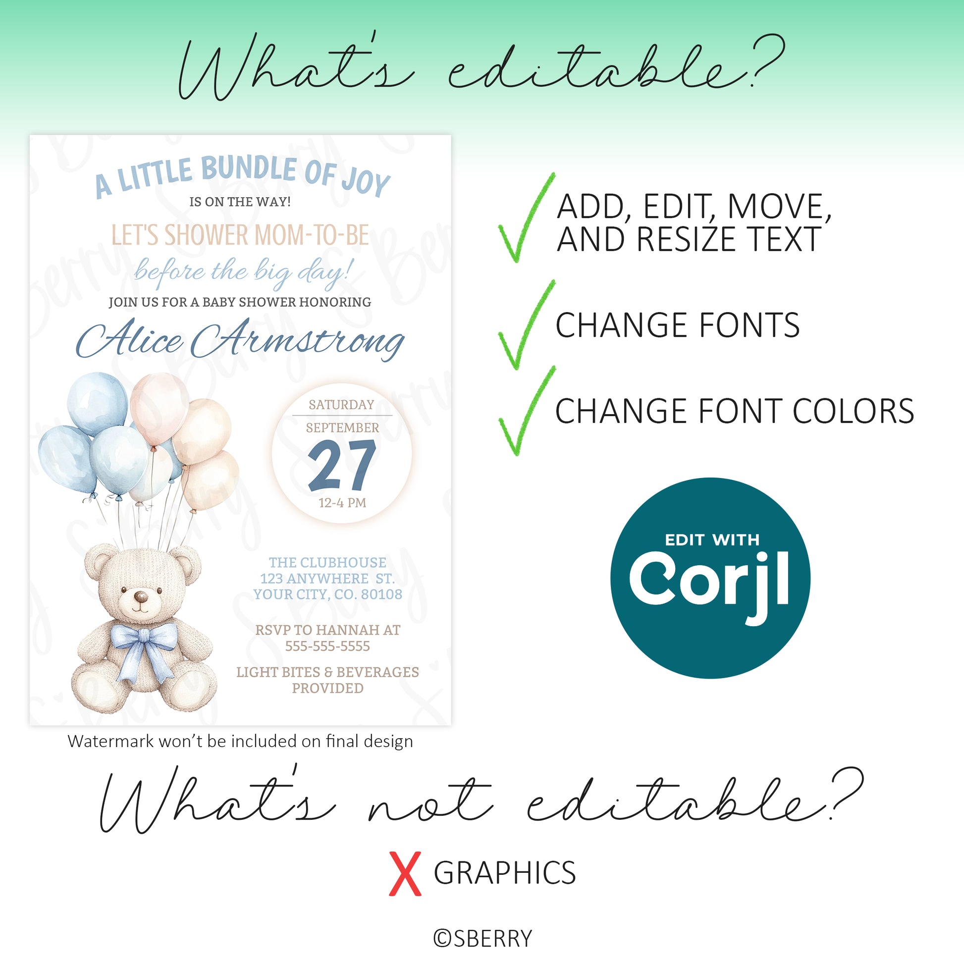 Baby shower invite template with blue balloons and teddy bear; editable text, fonts, and font colors via Corjl; graphics are not editable.