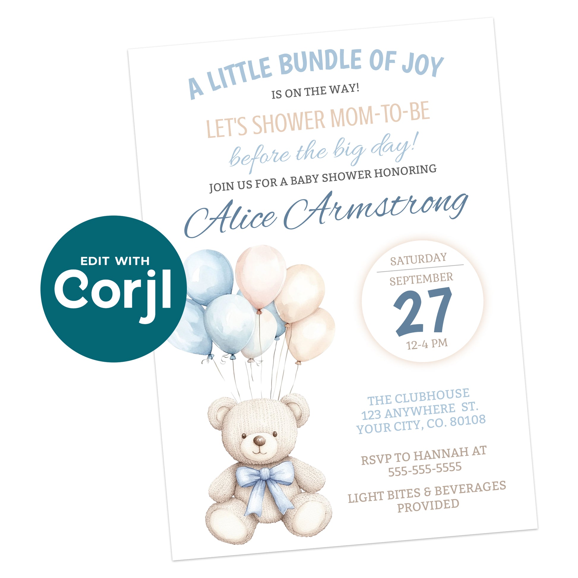 Baby shower invitation featuring a teddy bear holding pastel balloons, event details, and RSVP information for a celebration honoring Alice Armstrong.