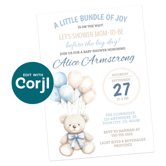 Printable neutral baby shower invitation with teddy bear and pastel balloons, editable Corjl template