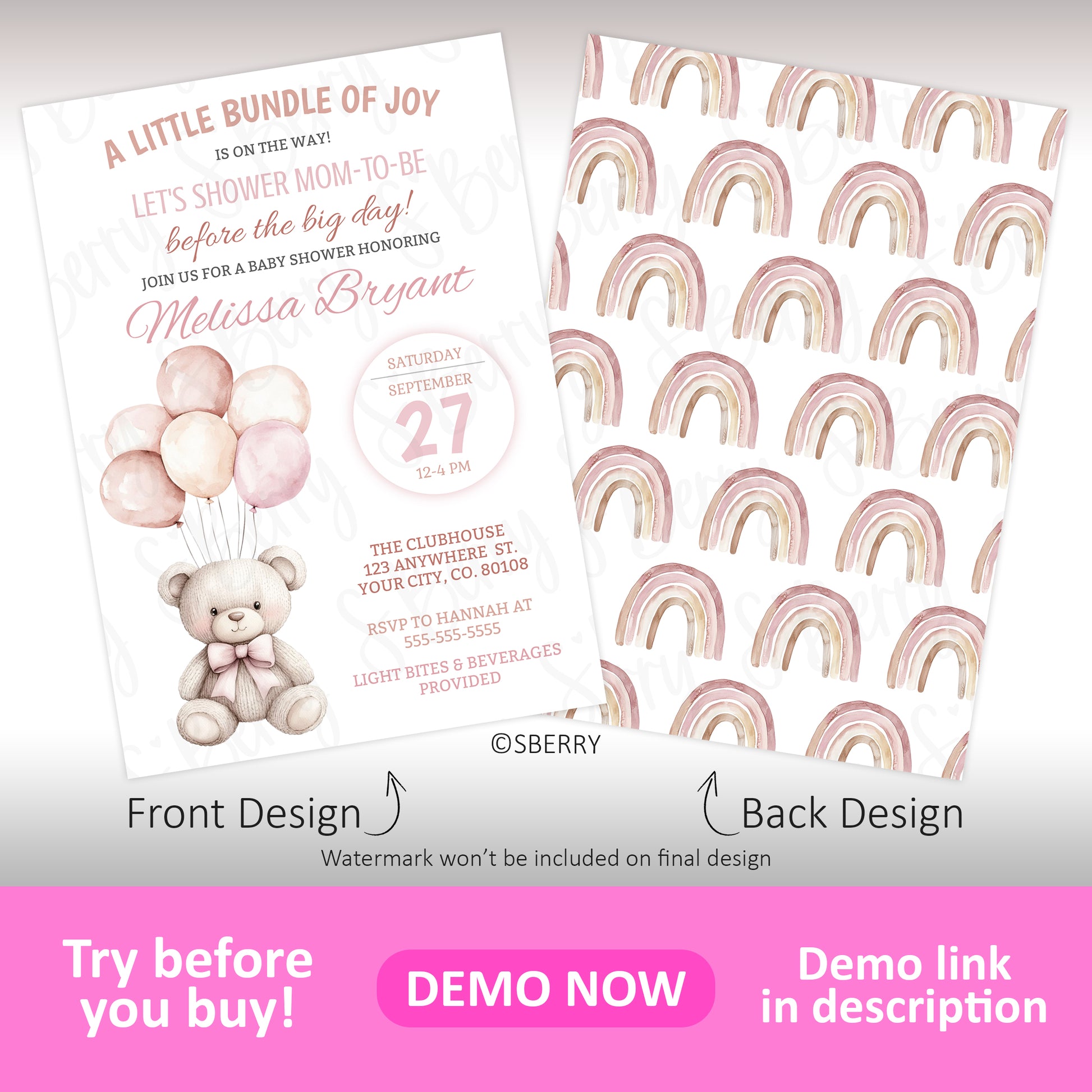 Blush pink baby shower invitation with teddy bear and balloon design and matching rainbow pattern back, editable template
