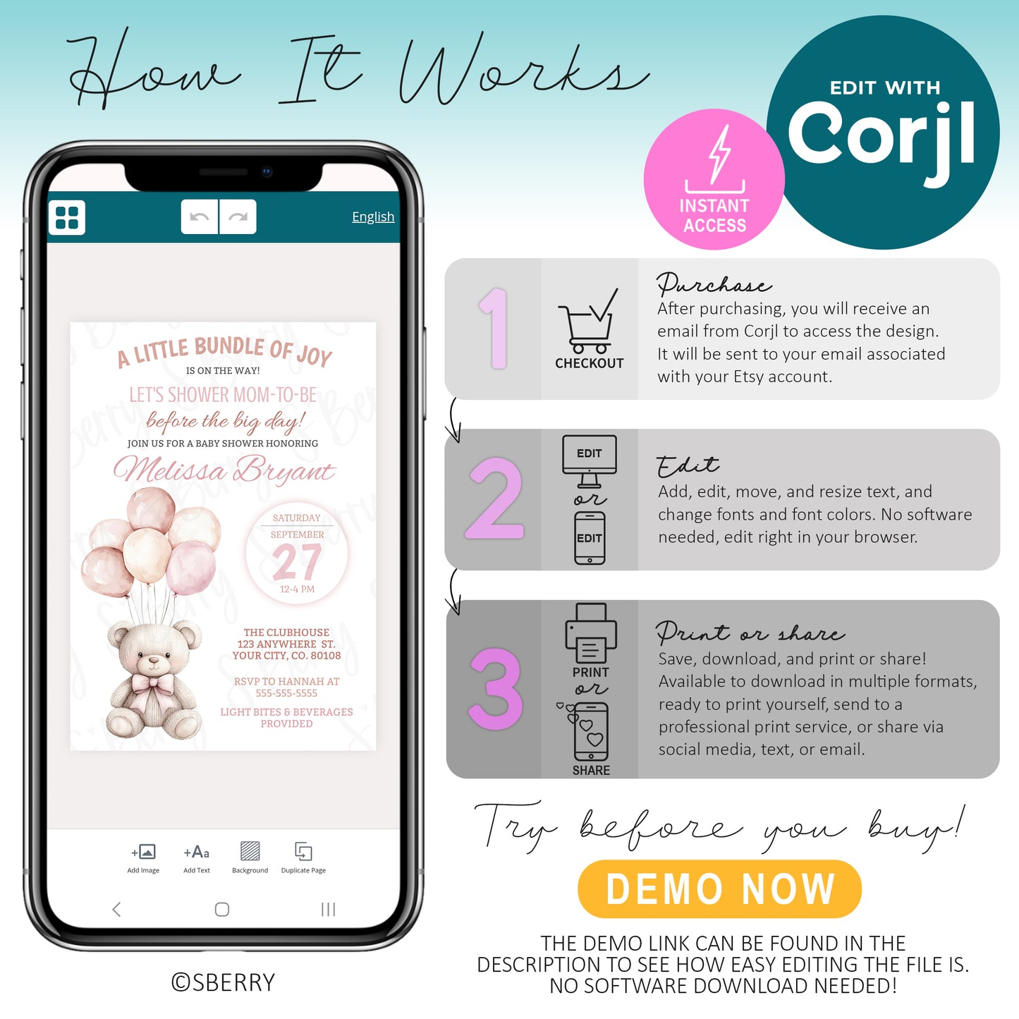 How to edit baby shower invitation template using Corjl on mobile device, instant download printable invite