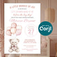 Blush pink baby shower invitation with teddy bear and balloons displayed in nursery setting, editable invitation template