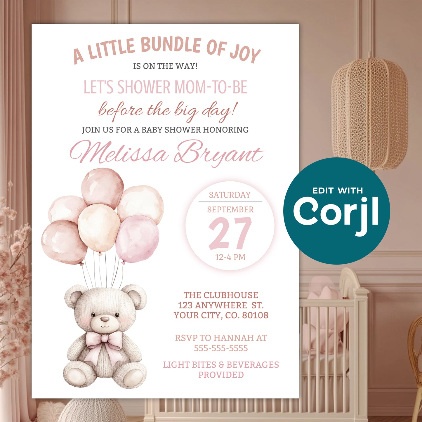 Blush pink baby shower invitation with teddy bear and balloons displayed in nursery setting, editable invitation template