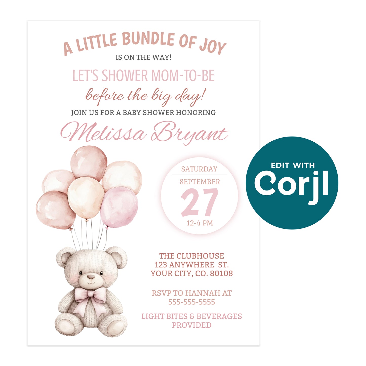 Printable blush pink baby shower invitation with teddy bear and balloons, editable Corjl template