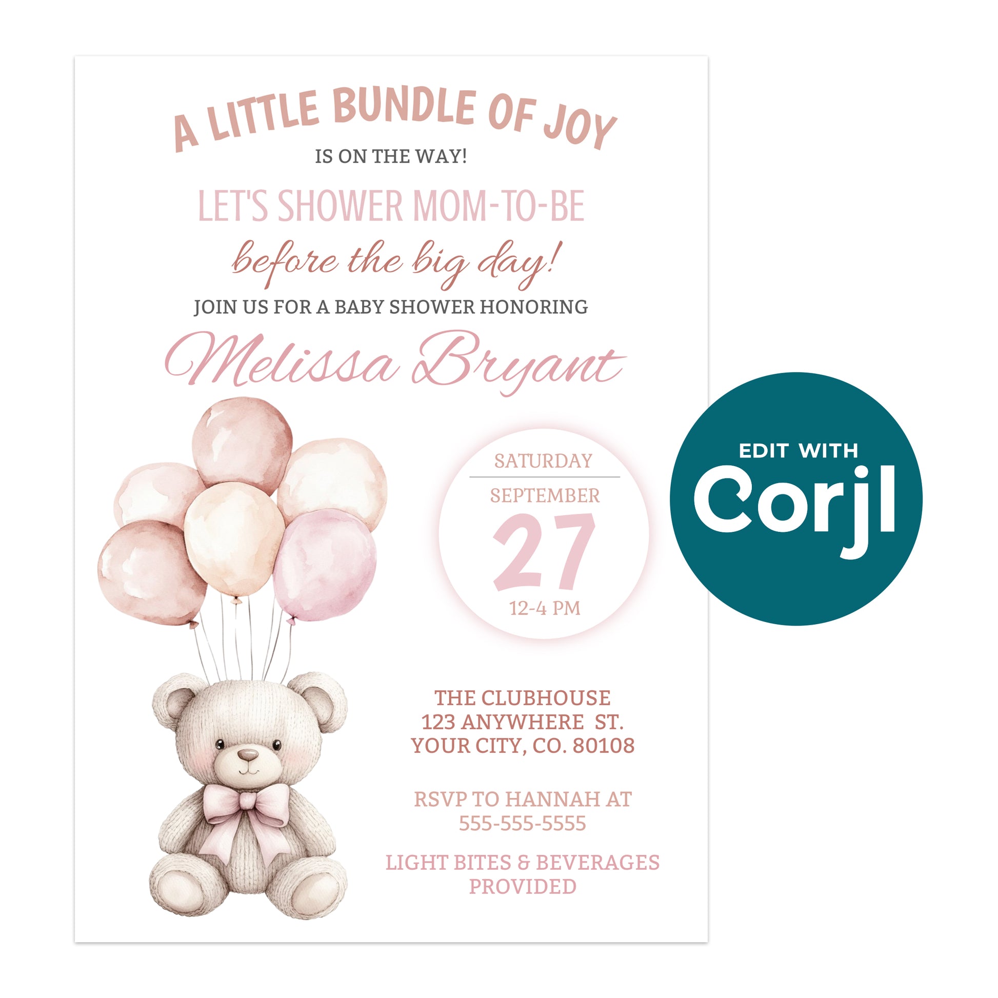 Printable blush pink baby shower invitation with teddy bear and balloons, editable Corjl template