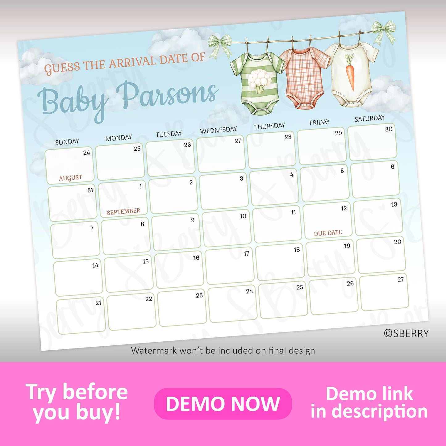 Locally grown baby shower prediction calendar printable guess baby due date game sign farm theme editable template